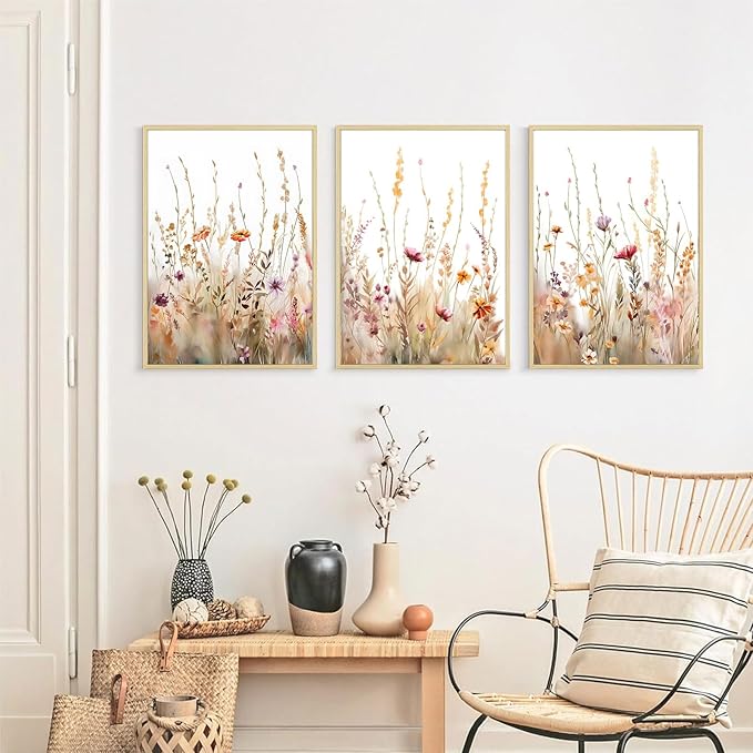 3Pcs Nursery Botanical Floral Wall Art Boho Wildflower watercolor Bouquet Canvas Wall Decor Pictures Forest Flower Posters Prints for Living Room Classroom Baby Bedroom Decoration Unframed