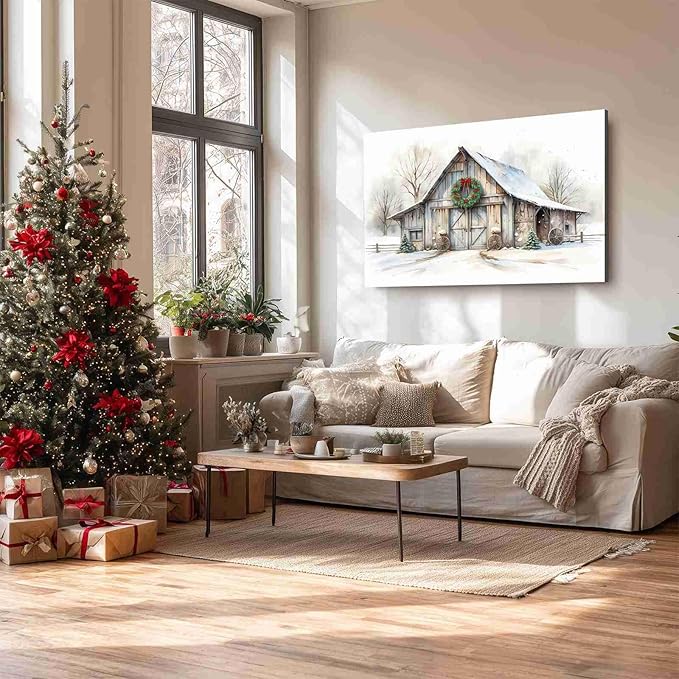 Rustic Landscape Wall Decor Barn Winter Cottage Wall Art Holiday Landscape Painting Rustic Winter Print Christmas Gingerbread Poster Indoor Decor for Living Room Bedroom Cabin Framed Ready to Hang