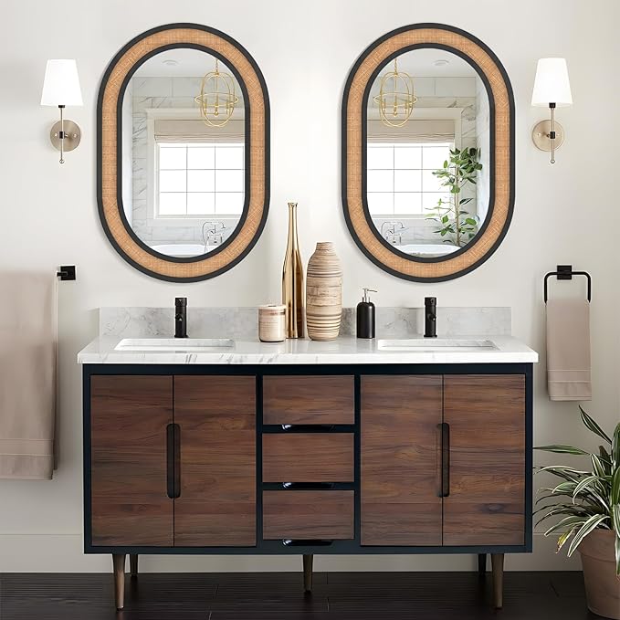 Rattan Wall Mirror with Wooden Framed Black Oval Bathroom Mirror 24 X 36 inch Farmhouse Wood Mirror for Modern Decorative Bathroom, Living Room, Entryway, Bedroom