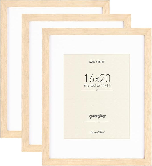 Yaetm Oak Wood 16x20 Frame with Mat for 11x14 Set of 3, Natural Solid Wood 16x20 Picture Frame, Wide Molding, Wall Decor for Office, Gallery & Home (3 pack, Oak)