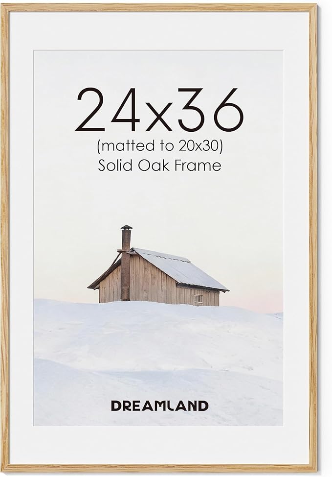 Dreamland Natural Oak Wood Picture Frame 24x36, Wooden Poster Frame with Mat for 20x30, 24 x 36 Matted Picture Frames with Tempered Real Glass for Wall Art Photo and Prints, Oak Color, Set of 1
