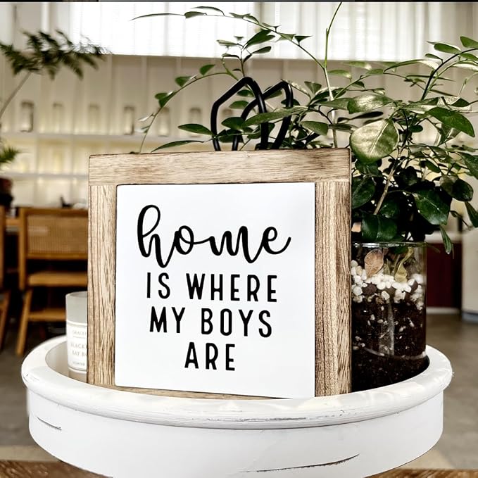 Farmhouse Table Sign, Small Wooden Plaque, Wooden Box Signs for Home Decor, Housewarming Gift, Mom Gift for Mother's Day, Holidays, Home is Where My Boys Are Sign 5.9×5.9×0.7inches