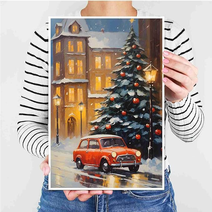 Canvas Wall Art Snowy Christmas tree and red car art print Christmas in the city classic timeless red car snow cosy winters day 28x40in-UnFramed