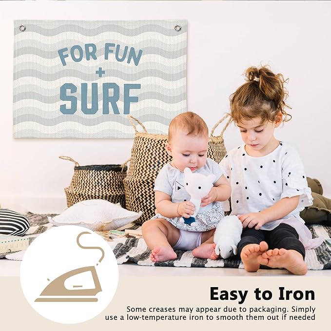 Coastal Beach for Fun Surf Minimalist Waves Kids Room Decor - Linen Banner Wall Hanging Canvas Banner Flag Decor for Kids Toddler Bedroom Nursery Playroom