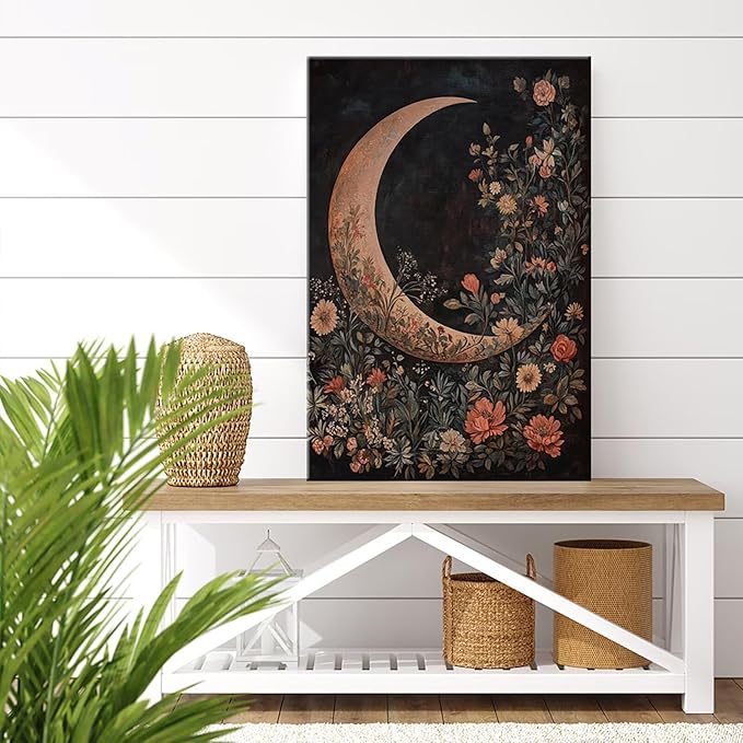 Crescent Moon Floral Canvas Poster Modern Trendy Lunar Wall Art Vintage Dark Celestial Painting Prints Whimsical Botanical Aesthetic Home Decor for Bedroom Living Room 16x24inch Framed