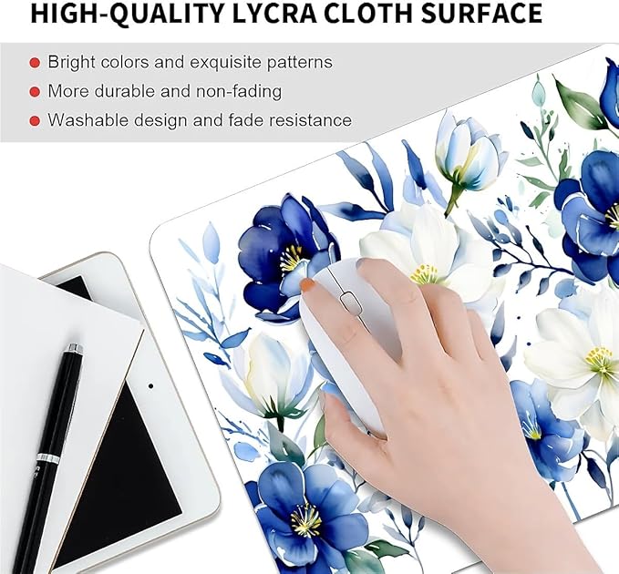 Square Mouse Pad White Blue Flowers 2, Personalized Premium-Textured Custom Mouse Mat Design, Washable Mousepad Cloth, Non-Slip Rubber Base Computer Mouse Pads for Wireless Mouse