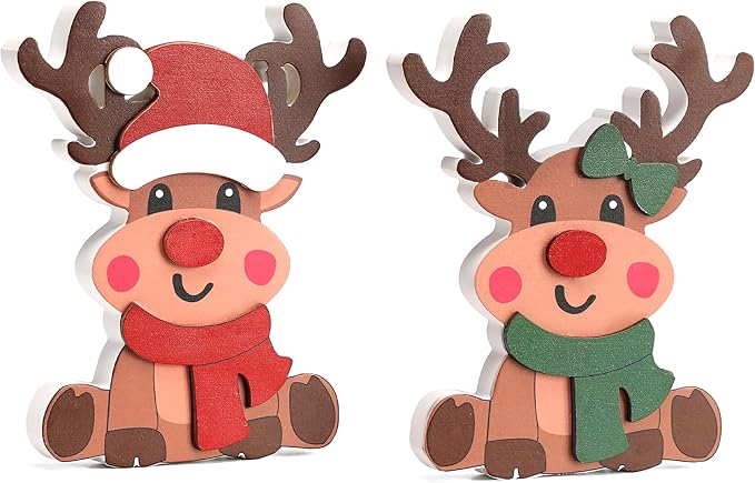 Amorita Reindeer Christmas Decor - 2 Piece Brown Reindeer Couple for Christmas Tiered Tray Decor - Elegant Wood Tiered Tray Xmas Centerpiece Table Decorations