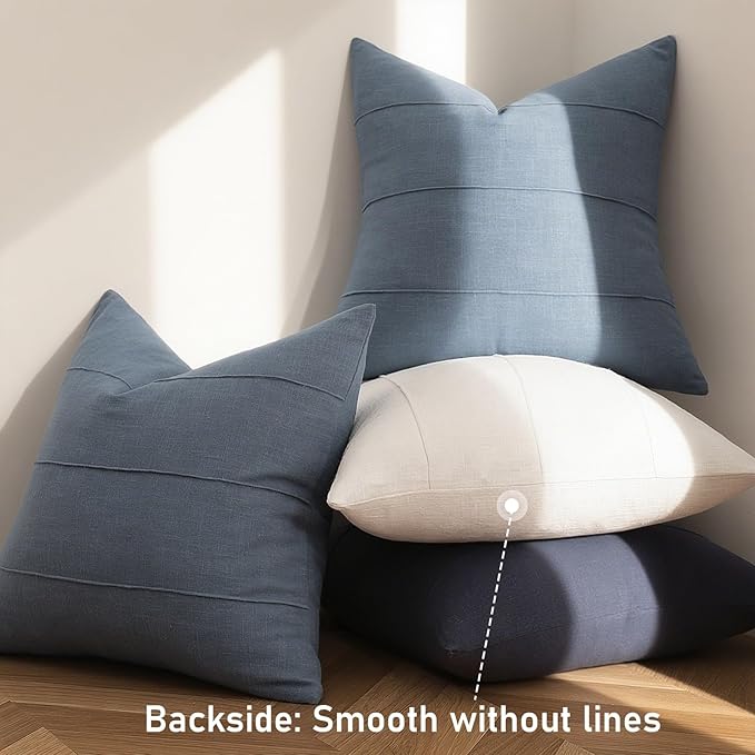 ZWJD Decorative Linen Throw Pillow Covers 26x26 Set of 2 Solid Handcrafted Striped Cushion Covers for Bed Soft Modern Farmhouse Neutral Pillowcase for Couch Bedroom Living Room Home Decor(Slate Blue)
