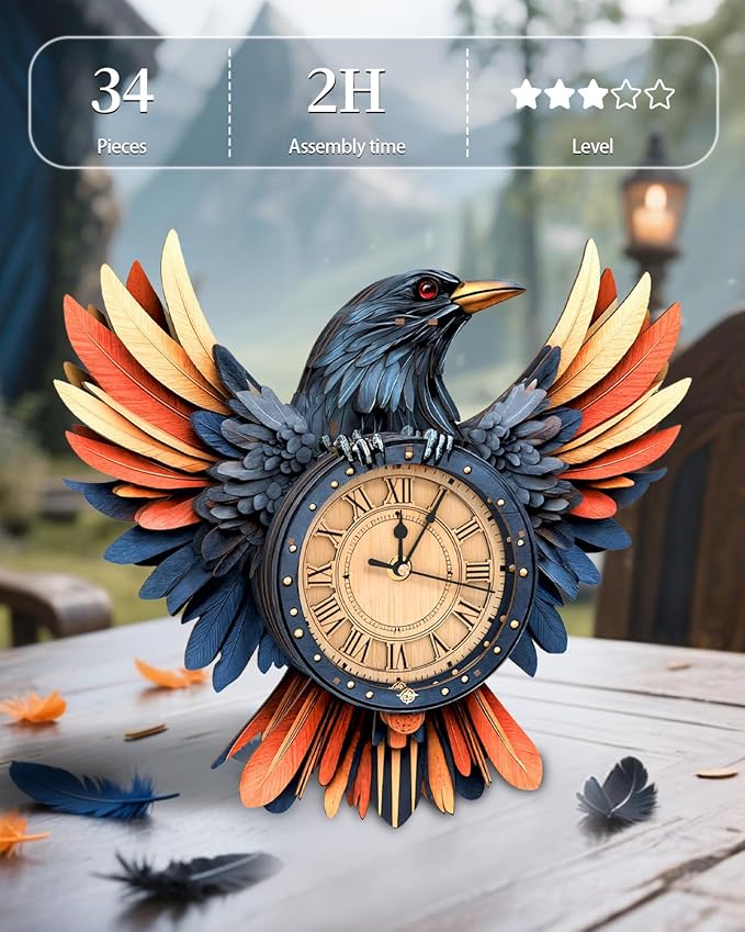 3D Wooden Puzzles for Adults,Raven Clock Model Kit with Pendulum,3D Wooden Puzzles Home Room Decor,Christmas Hobbies Crafts Gift Idea for Women Men Teens
