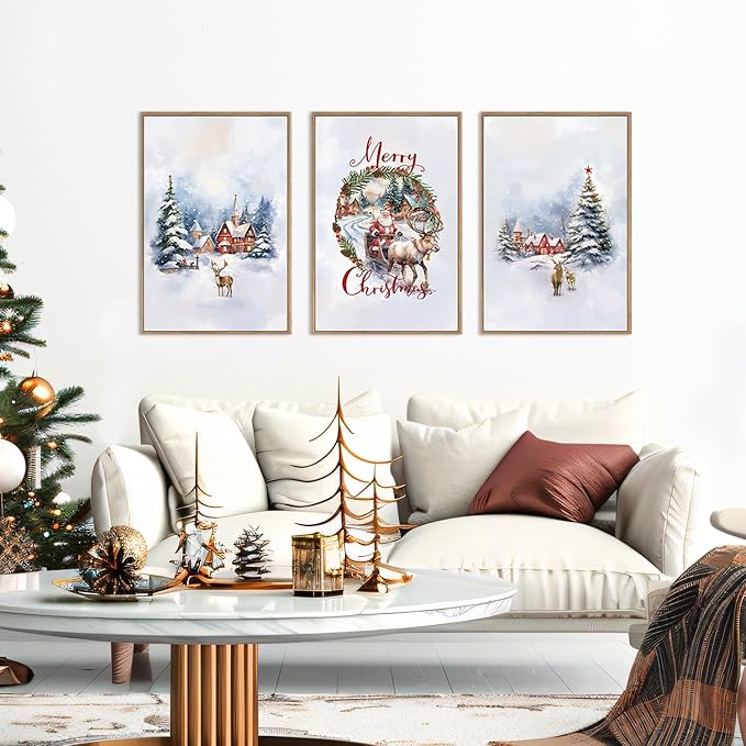 HPINUB Christmas Santa Reindeer Framed Canvas Wall Art Set Sleigh Deer Winter Snow Forest Tree Wall Decor Wonderland Art Print for Living Room,Bedroom,Party-24 x36 x3