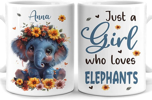 Hyturtle Personalized Elephant Coffee Mug - Just A Girl Who Loves Elephants - Custom Name Cup for Animal Lover Women - Ceramic 11oz-15oz