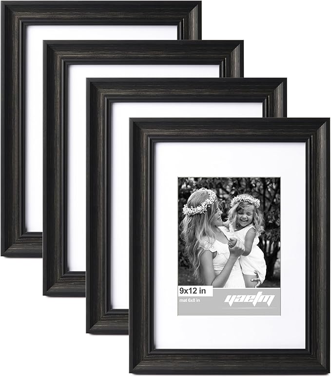 Yaetm 9x12 Picture Frame Matted to 6x8 Set of 4, 1.4” Wide Molding & Distressed Black Photo Frames 9 x 12 with Tempered Glass, Display on Tabletop & Wall Mounting (4 pack, Black)