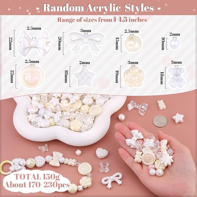200-260PCS TINKRSTUFF Assorted Acrylic Beads White Cute Beads for Bracelet Making, Bow Flower Butterfly GummyBear Kawaii Charms, Aesthetic Bead for Necklace Keychain Jewelry Making DIY Phone Charm