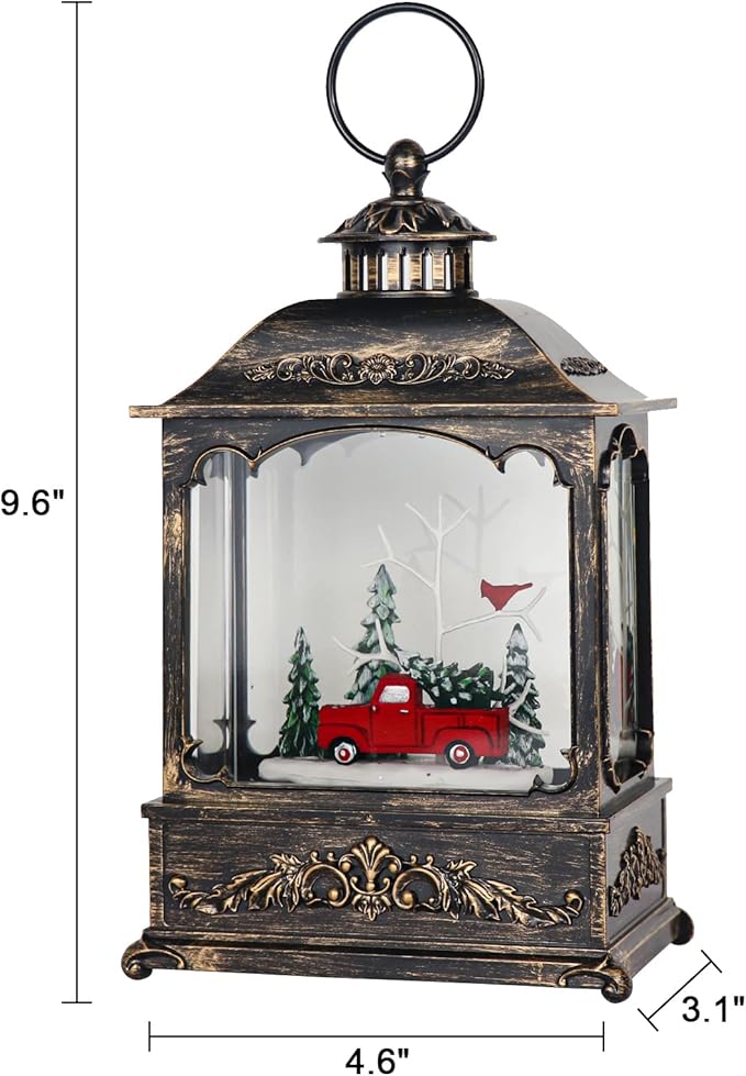 GenSwin Musical Car Snow Globe Lantern with 6 Hour Timer, Battery Operated & USB Powered Singing Spinning Water Glittering Snow Globe Lantern Christmas Home Decoration Gift(9.6”,3 AA)