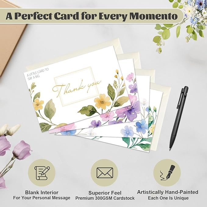 32 Floral Thank You Cards with Envelopes, Sealing Stickers, 4x6 Blank Cards with 4 Unique Designs, 300gsm Note Cards Premium Cardstock, Bulk Cards for Wedding, Graduation, Baby Shower