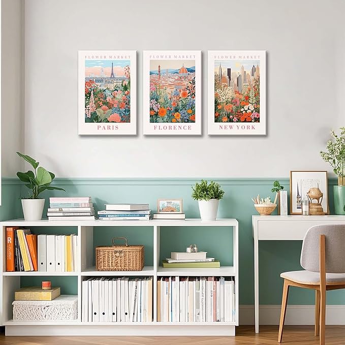 XLARTMY Flower Market Wall Art Prints Canvas Orange and Pink Floral Paintings Colorful Botanical Travel Flower Posters for Home Decor Pictures Set of 3 for Living Room Bedroom 16x24in