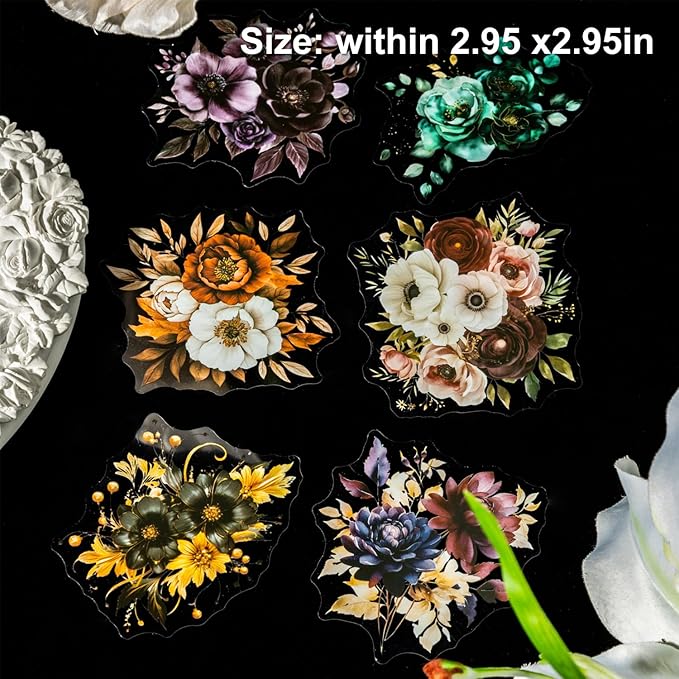 Blooming in The Dark Night PET Stickers, 120 Pcs Gothic Dark Floral Stickers for Scrapbooking, Journaling, Collage Supplies, and DIY Crafts