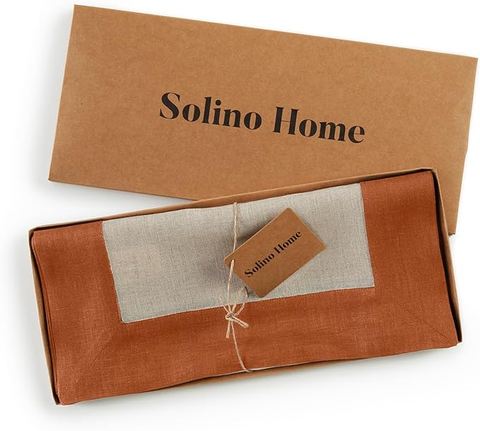 Solino Home Linen Table Runner 120 Inches Long - Cinnamon and Natural 100% Pure Linen 14 x 120 Inch Table Runner for Dining - Contempo