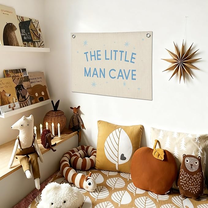 Little Man Cave Boys Room Decor Wall Art,Blue Nursery Wall Decor Hanging Banner Print for Kids Boys Toddler Nursery Room Bedroom Playroom, 30x20 Inch
