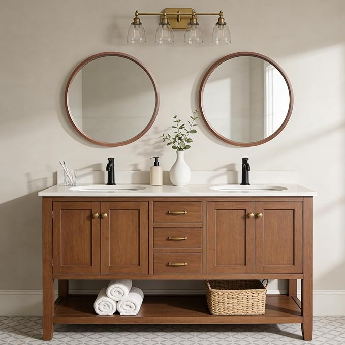 WallBeyond 28 Inch Round Wood Mirror, Large Circle Wooden Frame Wall Mirror for Bathroom, Living Room, Bedroom, Entryway (Walnut)