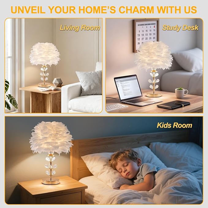 Chic White Feather Lamp Creative Fluffy Table Lamp Cute Kids Bedside Lamp Modern Feather Desk Light for Teen Girls Bedroom Living Room Entryway Study Room Wedding Deco