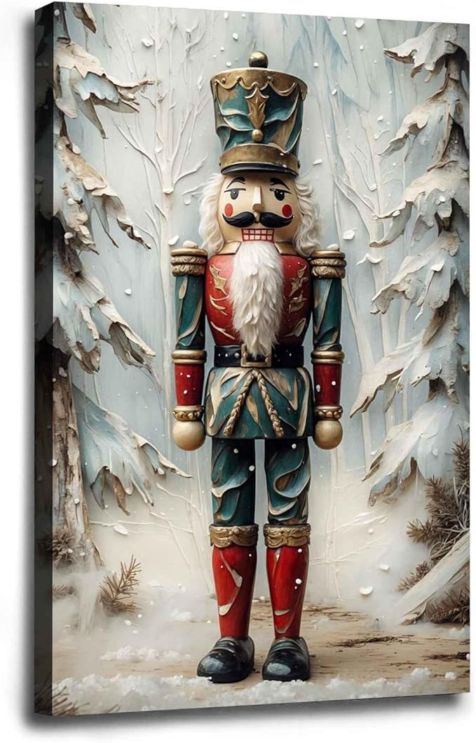 Nutcracker Christmas Art Print Vintage Holiday Decor Winter Nutcracker Wall Art Vintage Toy Soldier Print Festive Winter Poster Indoor Decor for Home Offices Living Room Bedroom Framed Ready to Hang