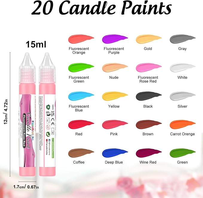FansArriche Candle Paint, 20 x 15 ml Candle Wax Pen Set for Candle Making, Water-Based Candle Pen for Candle Painting and Decorating with Fine Painting Tip