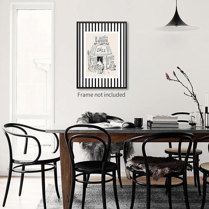Black and White Stripe Sketch Wall Art French Paris Cafe Aesthetic Poster Funky Minimalist Canvas Prints for Kitchen Coffee Bedroom Wall Decor 12X16 inch Unframed