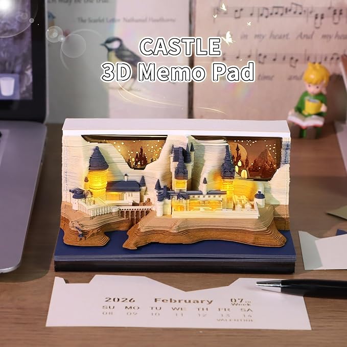 3D Time Piece Calendar 2026 3D Tear Away Art Memo Pad Notepad Desk Calendar with Light,3D Art Calendar Desktop Decoration Gift for Christmas (Castle)