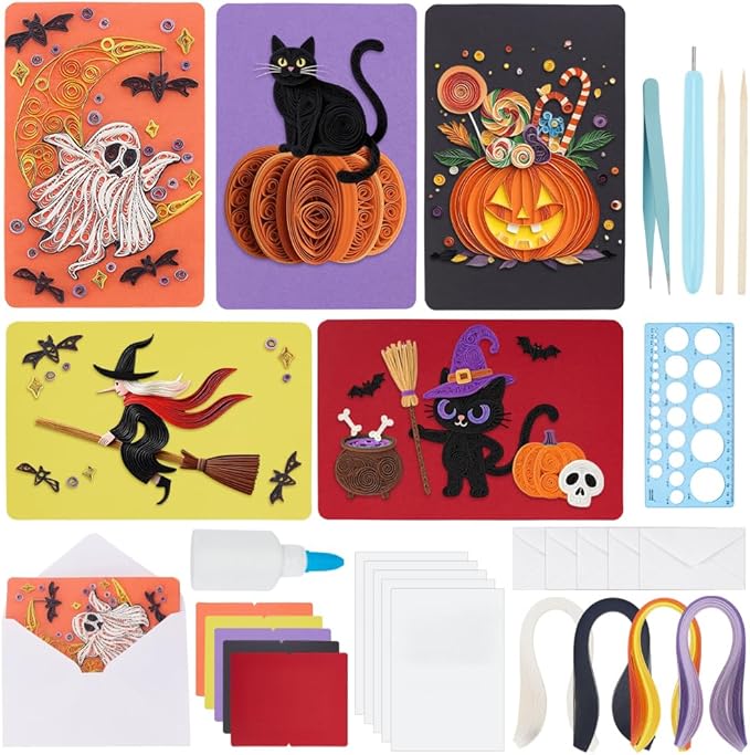 WEBEEDY 20 Sets Halloween Paper Quilling Kit for Adult Beginner 5 Styles Witches Pumpkins Ghosts Bats Black Cats Greeting Card Making Kit with Instruction Handmade Quilling Card for Halloween Decor