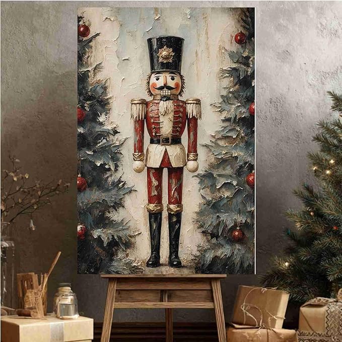 Nutcracker Soldier Vintage Christmas Art Holiday Doll Canvas Wall Art Traditional German Decor Red Uniform Soldier Prin Poster Indoor Decor for Home Offices Living Room Bedroom Dining Room farmhouse