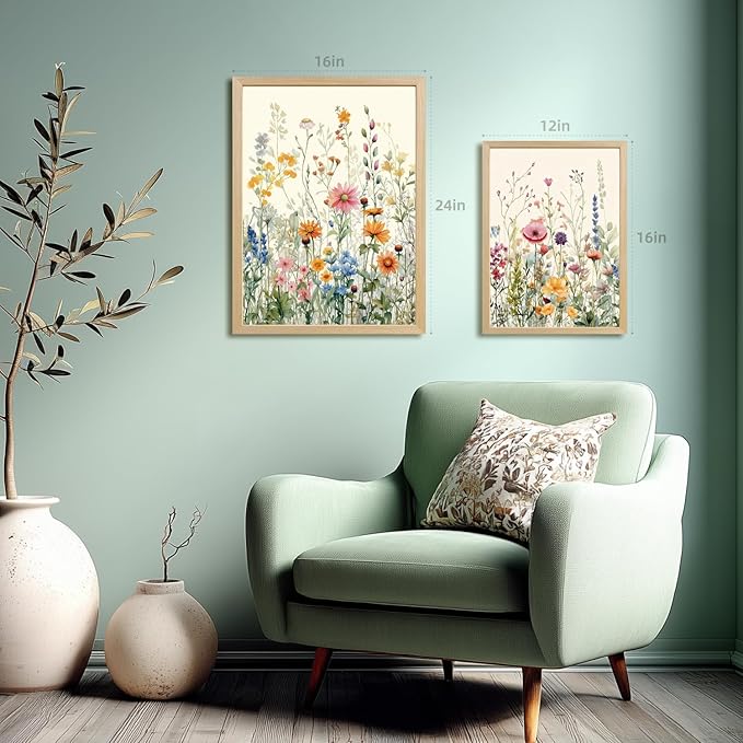 LLEEMPI Watercolor Floral Wall Art Set of 3, Colorful Wildflower Wall Decor, Modern Abstract Botanical Canvas Painting, Rustic Farmhouse Poster Print for Bedroom Bathroom Office Wood Framed 16x24 Inch