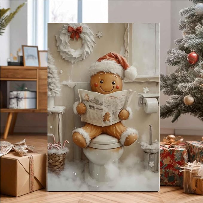 Christmas Bathroom Canvas Painting Gingerbread Man Holiday Print Santa Hat Cookie Character Wall Art Vintage Rural Art Winter print Indoor Decor for Bathroom Living Room Funny Framed Ready to Hang