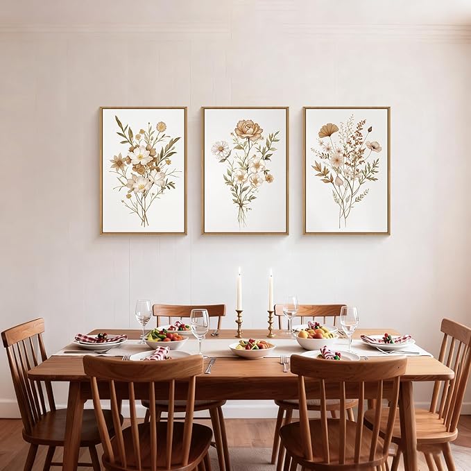 KAIRNE Neutral Boho Floral Wall Art Set of 3, Framed Vintage Botanical Flower Prints, Minimalist Wildflower Canvas Artwork, Modern Farmhouse Decor for Living Room Bedroom Office, 24×36inch