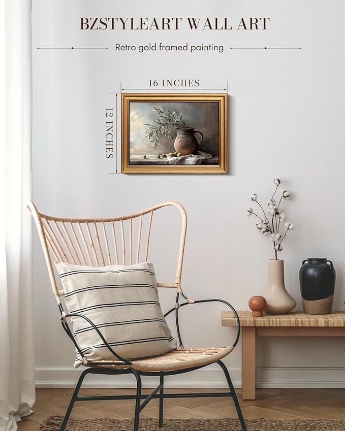 Bzstyleart Vintage Wall Art Decor,Gold Framed Wall Art 12 x 16 Inch Pottery Jar Olive Branch for Office,Canvas Picture Print Painting for Bedroom Living Bathroom Dorm
