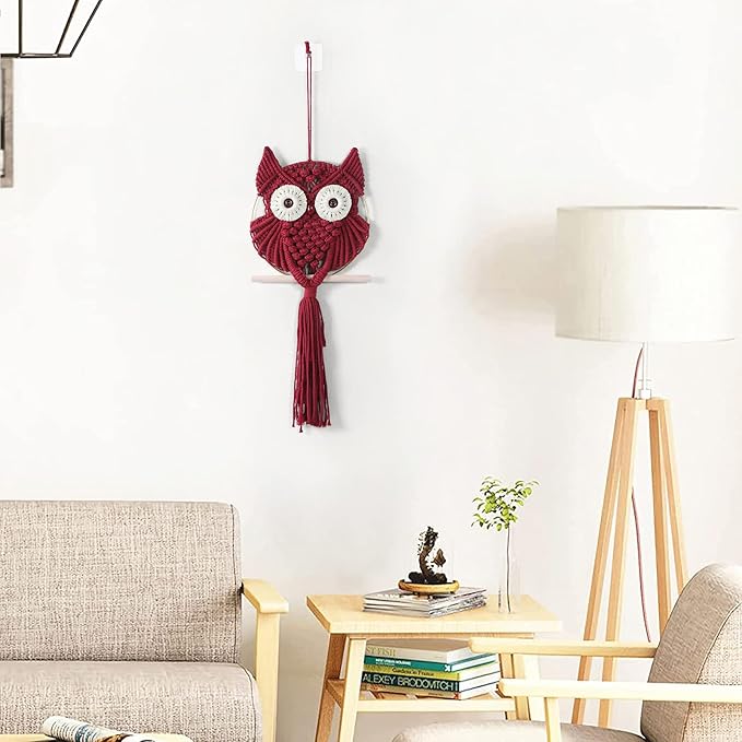 MVSUTA Owl Burgundy Cotton Handmade Macrame Wall Hanging Tapestry Home Decor Art and Red Craft Wonderful Decoration Woven Boho Ornament for Office Bedroom Apartment Living Room Nursery Gallery,1pc