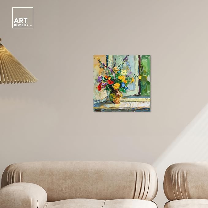 Art Remedy Vase By The Window Gallery Wrapped Impressionism 1 Piece Canvas Wall Art/Monet And Van Gogh Inspired Art, 16" x 16", Gallery Wrapped