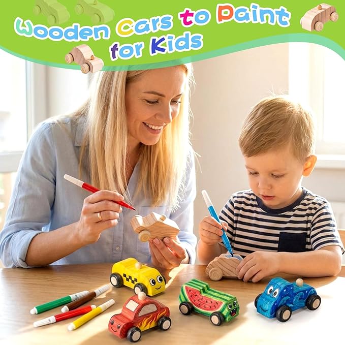 Leyndo 12 Pcs Unfinished Wood Cars to Paint Wooden Painting Crafts, DIY Car Toys with 12 Watercolor Pens & 12 Car Sticker Sheets for Kids Students Home Classroom Woodworking Family Art Activities