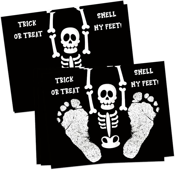 Footprint Art Craft Kit for My First Halloween, 10 Bulk 8.5x11 Inch DIY Card Making Supplies for Baby Shower Activities, Trick or Treat Smell My Feet Halloween Skeleton Party Decorations