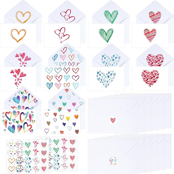 Tenceur 100 Pack Assorted Blank Note Cards with Envelopes and Stickers Heart Greeting Cards 4 x 6 Inch Stationary Postcards for Valentine's Day Office Home Business Supplies (Heart)