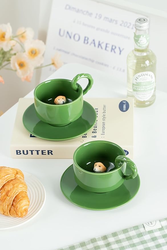 DIHOclub Ceramic Coffee Mug With Saucer 3D Dog Sculpture With Tail Handle - Elegant Office & Gift-Ready Tea Cup for Pet Lovers, Birthday, Christmas (Green Dog)