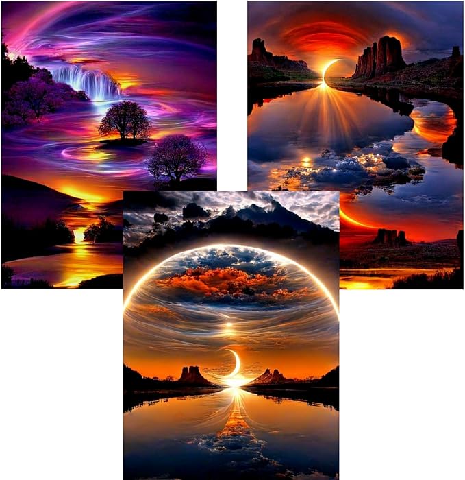 3 Pack Diamond Painting Kits for Adults, Sunrise Landscape 5D Diamond Art for Adult Beginners, DIY Full Drill Round Gem Painting Dot Art Sets, Home Wall Decor 12x16 Inch