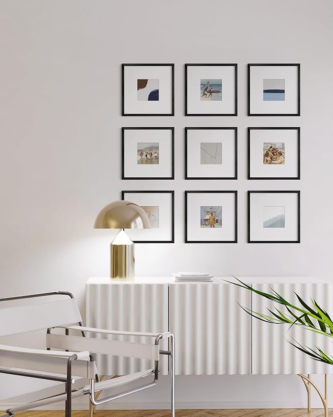 HAUS AND HUES 10x10 Black Metal Picture Frames Matted to 5x5 - Features Premium Aluminum & Hanging Hardware, Shatterproof Plexiglass - Ideal for Home, Room, Office (10x10 in, Black, Set of 9)