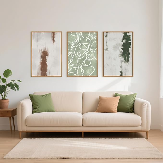 Large Abstract Green and Brown Framed Canvas Wall Art,Neutral Brush Stroke Wall Decor,Modern Watercolor Line Artwork,Minimalist Geometric Art Print for Living Room,Bedroom,Office- 16"x24"x3