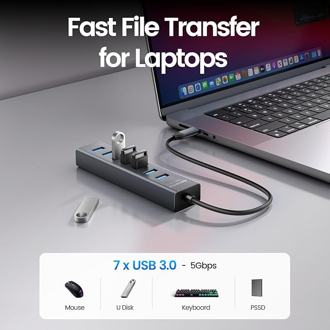 USB C to USB Hub Multiport Adapter, Aluminium 7-in-1 USB C Hub Multiport Adapter, USB Extenders, USB to USB c Adapter for MacBook Pro/Air, Laptop, iPad, iMac, U Flash, PSSD, HDD, Keyboard, Mouse