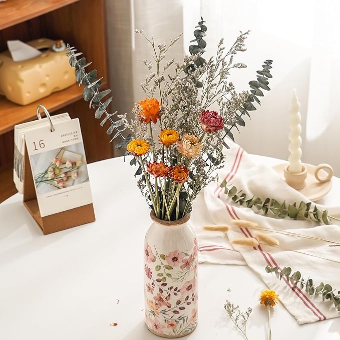 Dried Daisy Flower Bouquet with Eucalyptus, Babies Breath, Used for Home Farmhouse Decor, Table Decor Real Dried Flowers for vase, Gift for Mother Friend. 16.5 Inches