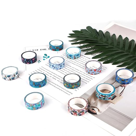 12 Rolls Blue Ocean Washi Tape, Underwater World Masking Tapes, Sea Animal Cartoon Decorative Tape for Arts, DIY Crafts, Journals, Planners, Scrapbook, Wrapping 16.4FT