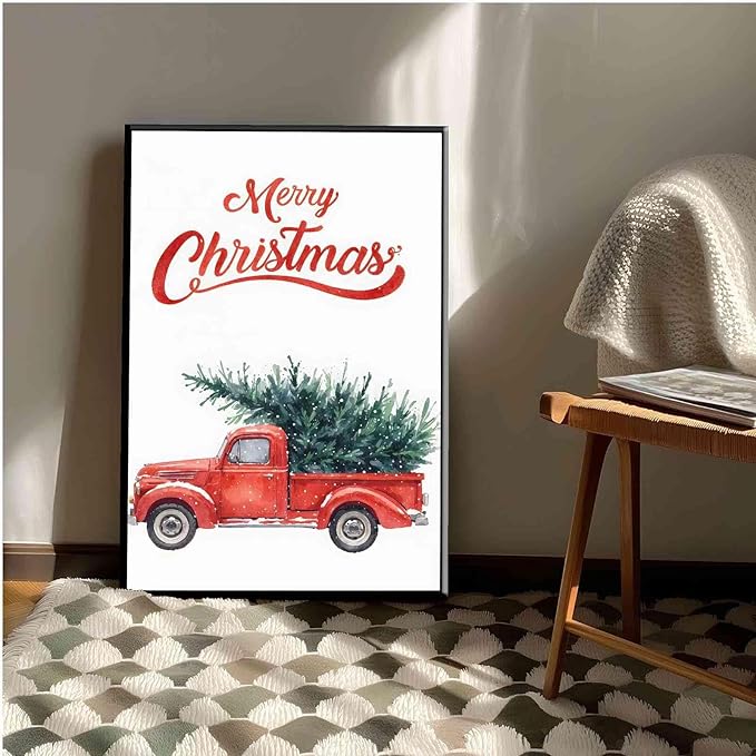 Framed Canvas Wall Art Christmas Truck Print Red Vintage Pickup Truck Christmas Tree Home Decor Holiday Wall Art Watercolor Painting 12x18in Metal blackFramed