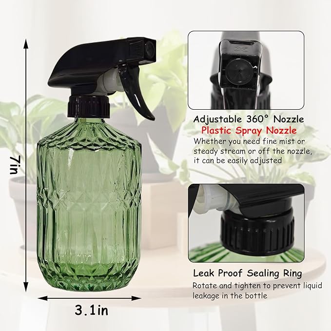 Glass Plant Mister Bottle, 15oz Refillable Water Spray Bottle with Adjustable Mist Nozzle for Indoor Flowers, Outdoor Gardening, Cleaning, Hair and Pets Care (Army Green)
