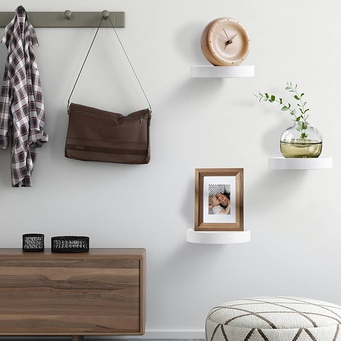 AceList Round Floating Shelves - Set of 3 White Rustic Wood Small Wall Shelves, 6Inch Wall Mounted Shelves for Bathroom, Bedroom, Kitchen, Office and Living Room Decor